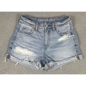 American Eagle Jean Shorts Womens 00 27 Blue Strigid Distressed Cuff Cut Off EUC